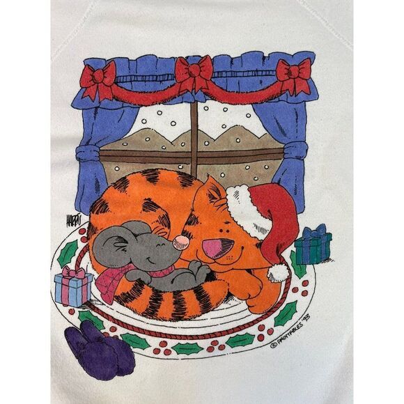 VINTAGE Cat Mouse Holiday 1993 Crewneck Sweatshirt Men XL White USA 90s - Picture 2 of 7